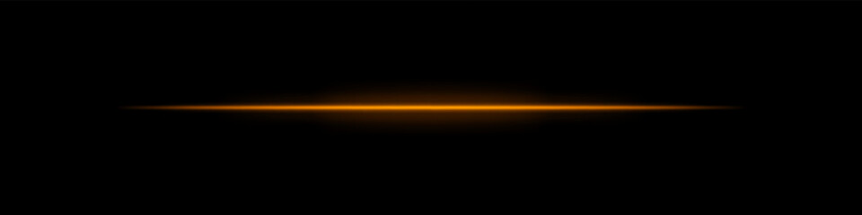Orange horizontal light beam. Bright laser stripe with soft glow and fading edges on dark background. Perfect for sci-fi, transitions, futuristic flares, or abstract light effects.