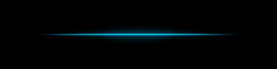 Blue horizontal light beam. Bright laser stripe with soft glow and fading edges on dark background. Perfect for sci-fi, transitions, futuristic flares, or abstract light effects.