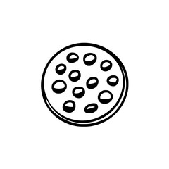 Black icon of a round pizza with distinct toppings, perfect for menu design or food-related graphics