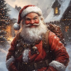 Santa Claus portrait, snowy village backdrop