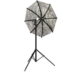 A silver, octagonal softbox attached to a light source, mounted on a black tripod stand.  The...