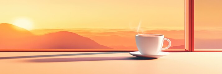 A white coffee cup with a saucer sits on a table in front of a window
