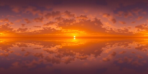 Fototapeta premium Golden glowing red orange overcast sunset sky panorama - Equirectangular 360 degree landscape