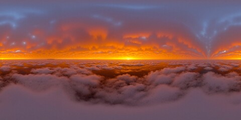 Fototapeta premium Golden glowing red orange overcast sunset sky panorama - Equirectangular 360 degree landscape