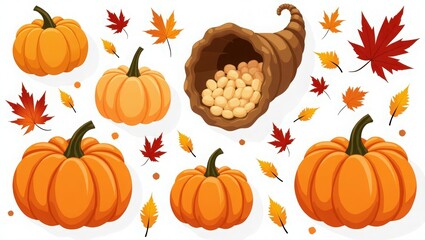 set of pumpkins and autumn leaves