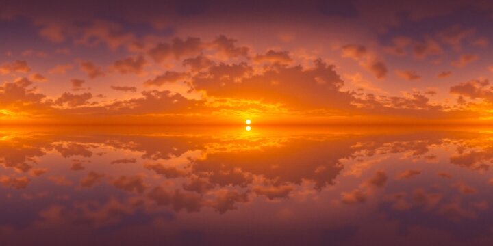 Golden glowing red orange overcast sunset sky panorama - Equirectangular 360 degree landscape