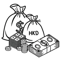 Hong Kong Dollar Stash Bags Filled with Money and Coin Stacks, a Sign of Monetary Wealth