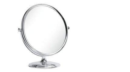 Fototapeta premium Round chrome makeup mirror featuring an adjustable stand, reflecting light beautifully against a transparent background. Perfect for beauty, self care, and grooming concepts