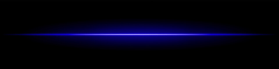 Blue horizontal light beam. Sharp glowing laser line with radiant fade on both sides over dark background. Great for sci-fi, energy visuals, light effects, or futuristic transitions.