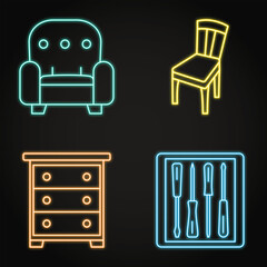 Furniture renovation neon icon set