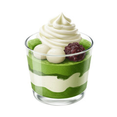Exquisite matcha parfait with whipped cream, red beans, and mochi in glass