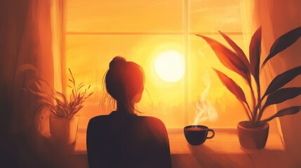 A woman is sitting in front of a window with a cup of coffee