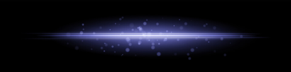 Blue horizontal light beam with glowing dust particles and radiant motion blur on black background. Perfect for fantasy transitions, luxury effects, or magical digital overlays.