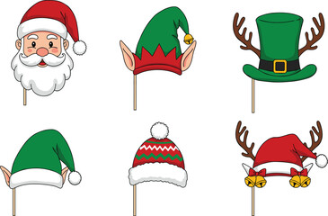 Christmas Holiday Photo Booth Props Kit, Festive Santa Claus, Elf, and Reindeer Headwear, Fun Winter Celebration Accessories, Isolated on White Background for Party Designs