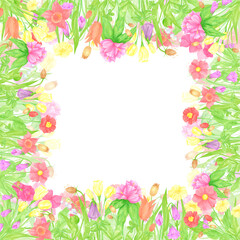 Hand drawn watercolor wildflowers and leaves frame border. Flower of the field isolated on white background. Can be used for postcard, label, scrapbook and other printed products.