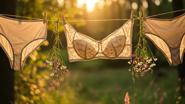 Delicate lingerie and flowers hanging on a clothesline glowing in warm sunset light among trees