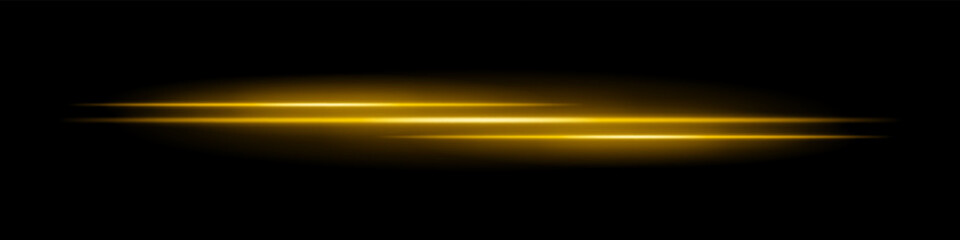 Triple yellow light streaks with glowing blur and motion trail on black background. Dynamic horizontal laser beams ideal for speed effects, futuristic HUDs, or sci-fi overlays.