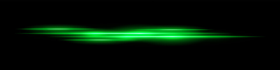 Multiple green light streaks with glowing motion blur on black background. Futuristic laser trails ideal for sci-fi overlays, HUD design, speed effects, or digital transitions.