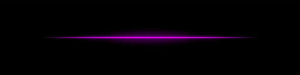 Purple horizontal light beam. Bright laser stripe with soft glow and fading edges on dark background. Perfect for sci-fi, transitions, futuristic flares, or abstract light effects.