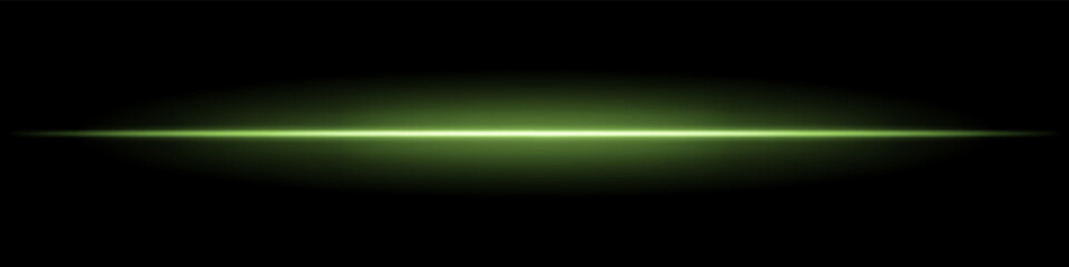 Green horizontal light beam. Sharp glowing laser line with radiant fade on both sides over dark background. Great for sci-fi, energy visuals, light effects, or futuristic transitions.