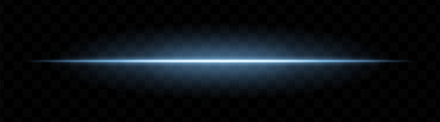 Blue horizontal light beam with soft glow and vibrant aura on transparent background. Futuristic laser stripe ideal for energy effects, sci-fi transitions, or glowing overlays.