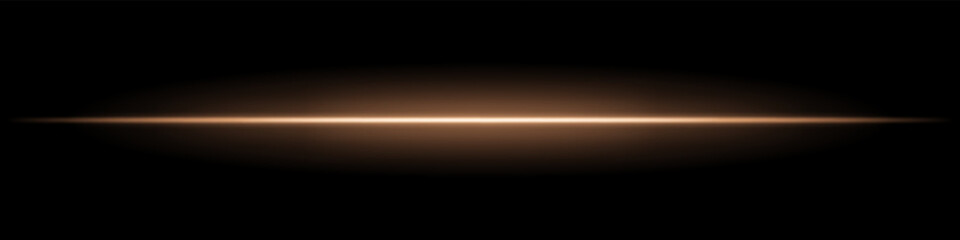 Golden horizontal light beam. Sharp glowing laser line with radiant fade on both sides over dark background. Great for sci-fi, energy visuals, light effects, or futuristic transitions.