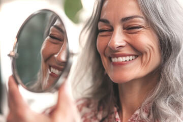 Joyful senior woman embracing aging with confidence in a reflective moment
