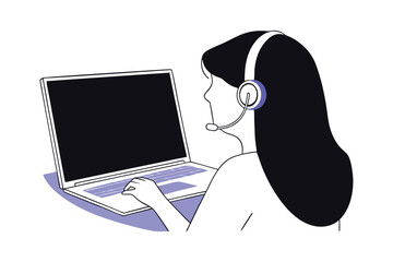 Minimalist Woman with Headset Working on Laptop Modern Digital Illustration