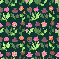 Hand drawn watercolor poppy anemone wildflowers seamless pattern. Flower of the field isolated on dark background. Can be used for textile, fabric, scrapbook and other printed products.
