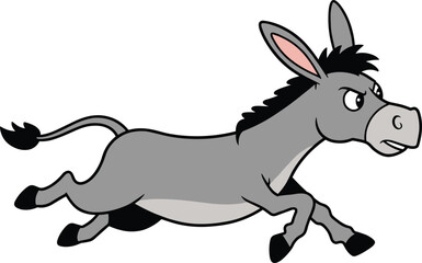 Dynamic Cartoon Donkey Running Fast with Determined Expression, Cute Gray Mule in Motion, Energetic Farm Animal Character Illustration, Isolated on White Background for Kids and Equestrian Designs