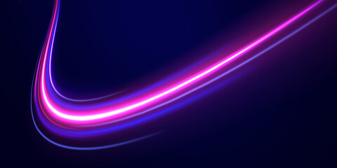 Light trail wave, fire path trace line, car lights, optic fiber and incandescence curve twirl. Abstract background in blue and purple neon glow colors. PNG.