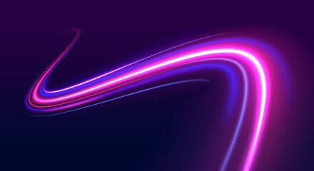 Light trail wave, fire path trace line, car lights, optic fiber and incandescence curve twirl. Abstract background in blue and purple neon glow colors. PNG.
