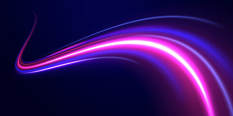 Light trail wave, fire path trace line, car lights, optic fiber and incandescence curve twirl. Abstract background in blue and purple neon glow colors. PNG.