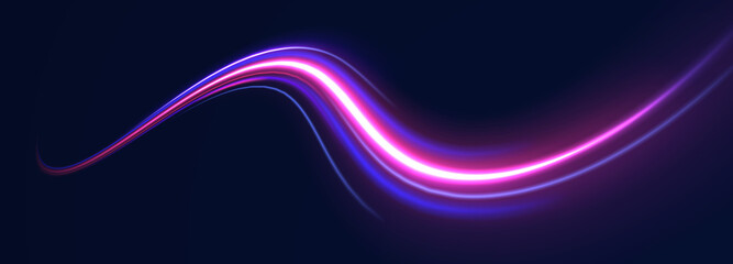 Light trail wave, fire path trace line, car lights, optic fiber and incandescence curve twirl. Abstract background in blue and purple neon glow colors. PNG.