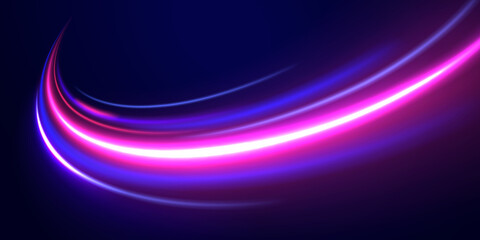 Light trail wave, fire path trace line, car lights, optic fiber and incandescence curve twirl. Abstract background in blue and purple neon glow colors. PNG.