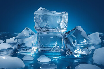 Obraz premium Close-up of Melting Ice Cubes on a Wet Surface with a Blue Background