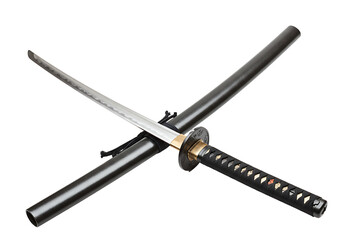 A Japanese katana sword with a black scabbard handle and gold accents blade partially drawn on a black backdrop