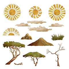 Set of watercolor safari elements, wildlife, sun, mountains and trees. African continent.
