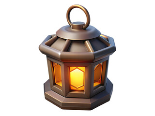 Octagonal metal lantern with glowing light inside isolated on transparent background
