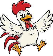  Happy Cartoon Rooster Jumping Joyfully, Cheerful White Chicken with Red Comb and Wattles, Energetic Farm Animal Character, Isolated on White Background for Kids and Poultry Designs