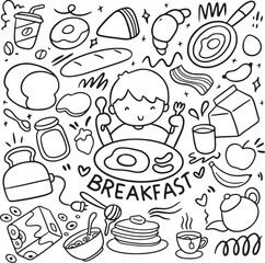 Breakfast Food Vector, Eggs Coffee Toast Meal Doodle