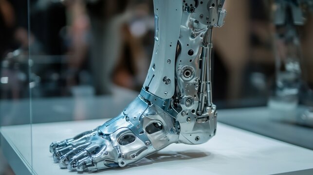 Mechanical prosthetic leg on display in a museum. Useful for articles or advertisements related to medical technology or innovation.