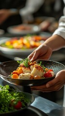 A dish of fish and vegetables served in a restaurant. Suitable for culinary articles and restaurant reviews.