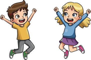 Happy Cartoon Kids Jumping with Excitement, Cheerful Boy and Girl Celebrating Success, Energetic Children Illustration, Isolated on White Background for Youth and Education Designs