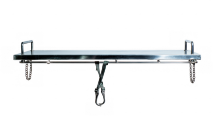 Modern operating table arm hanging, featuring safety straps and metallic chains, isolated on a transparent background, ready for integration into medical visuals