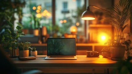 A room with a laptop on a desk, surrounded by plants and warm light, creates a cozy atmosphere for working or studying. Suitable for articles about home office and productivity.