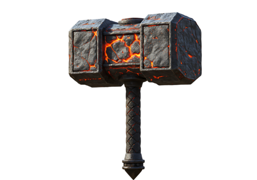 A stone hammer with glowing orange cracks standing against a black background