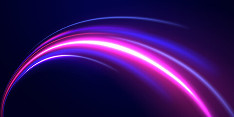 Racing cars dynamic flash effects city road with long exposure night ligh. Neon color glowing lines background, high-speed light trails effect electric light, light effect.