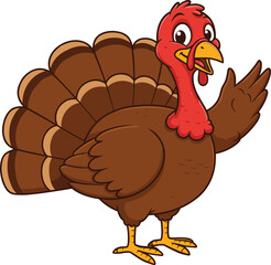Happy Cartoon Turkey Waving, Friendly Brown Poultry Bird Character for Thanksgiving and Autumn Celebrations, Cute Farm Animal Illustration, Isolated on White Background for Holiday Designs