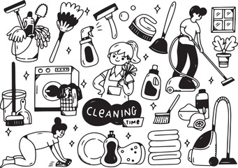 Cleaning Tools Doodle Icon Set, Housekeeping Line Art, Mop Broom Bucket Spray, Sanitary Sketch Pack, Hygiene Equipment Hand Drawn